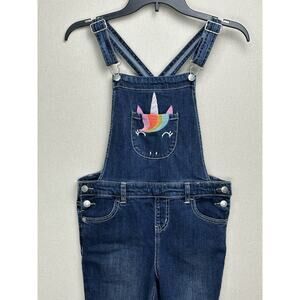Cat & Jack Girls Distressed Blue Stretch Denim Bib Overalls Large 10-12 Unicorn